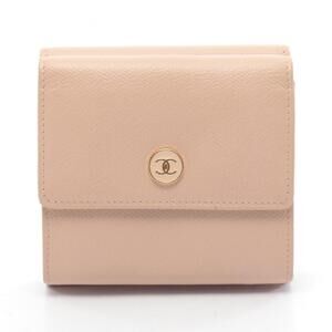 Chanel Coco Button Tri-fold Wallet, Leather, Women's, Beige